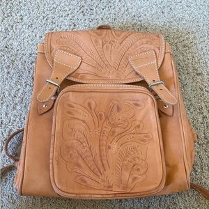 Tan Leather Backpack with Floral Tooling
